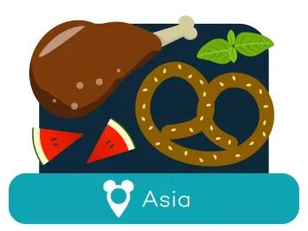 Cartoon turkey leg and pretzel above a location label for Asia