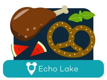 Cartoon turkey leg and pretzel above a location label for Echo Lake