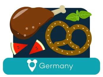 Cartoon turkey leg and pretzel above a location label for Germany