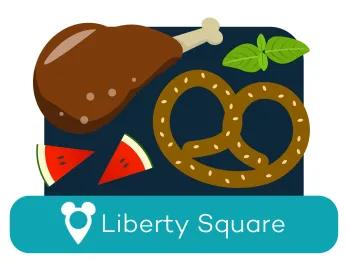 Cartoon Brezel und Truthahnkeule über einem Ortsschild für Liberty Square 