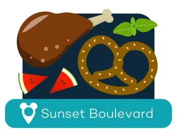 Cartoon turkey leg and pretzel above a location label for Sunset Boulevard