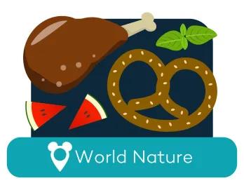 Cartoon turkey leg and pretzel above a location label for World Nature