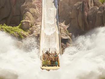 A boat at the bottom of the drop of a water ride making a large splash