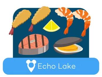 Cartoon seafood above a location label for Echo Lake