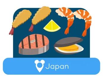 Cartoon seafood above a location label for Japan