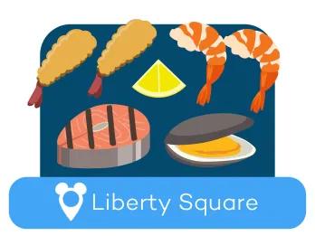 Cartoon Abbildungen von Meeresfrüchten über einem Ortsschild für Liberty Square