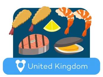 Cartoon seafood above a location label for United Kingdom
