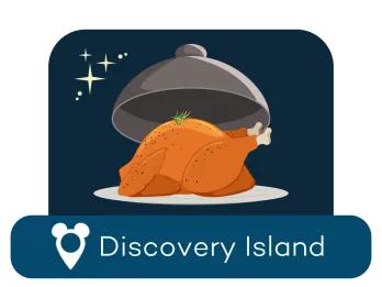 Cartoon of a roast chicken on a serving dish above a location label for Discovery Island