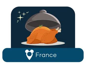 Cartoon roast chicken on a serving dish above a location label for France