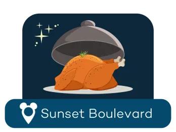 Cartoon of a roast chicken on a serving plate above a location label for Sunset Boulevard