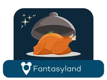 A cartoon chicken on a serving dish above a location label for Fantasyland