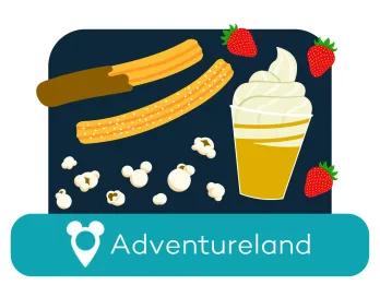 Cartoon Eiscreme und Churros über einem Ortsschild für Adventureland