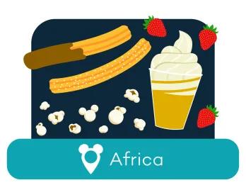 Cartoon churros and ice cream above a location label for Africa