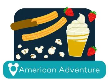 Cartoon churros, popcorn, and ice cream above a location label for the American Adventure