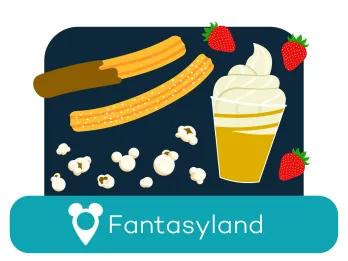 Cartoon ice cream and churros above a location label for Fantasyland