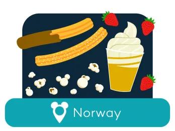 Cartoon churros, popcorn and ice cream above a location label for norway