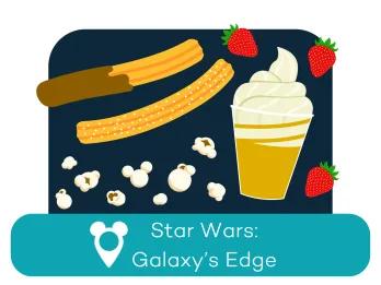 Cartoon churros, popcorn and ice cream above a location label for Star Wars: Galaxy's Edge