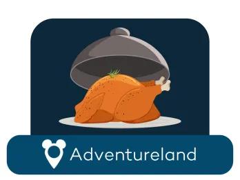 Ein Cartoon-Hühnchen auf einem Servierteller über einem Ortsschild für Adventureland