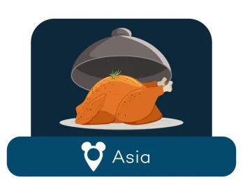 Cartoon roast chicken on a serving dish above a location label for Asia