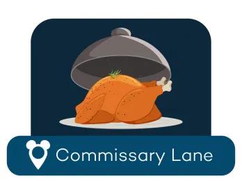 Cartoon of a roast chicken on a serving plate above a location label for Commissary Lane