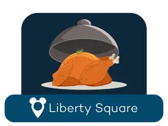 Ein Cartoon-Hühnchen auf einem Servierteller über einem Ortsschild für Liberty Square