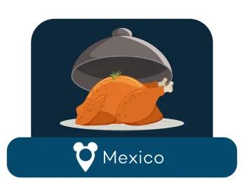 Cartoon roast chicken on a serving dish above a location label for Mexico
