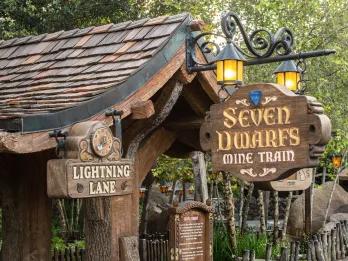 Lightning Lane entrance for Seven Dwarfs Mine Train Small wishing well themed entrance to a ride with brick roof and a wooden sign saying "seven dwarfs mine train". To the left there is a sign saying Lightning Lane.