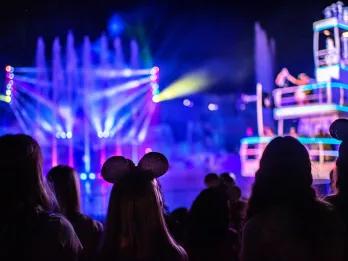 The back of a crowd watching a show of live performers, lasers and water