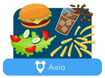 Cartoon burger, soda, salad and fries above a location label for Asia