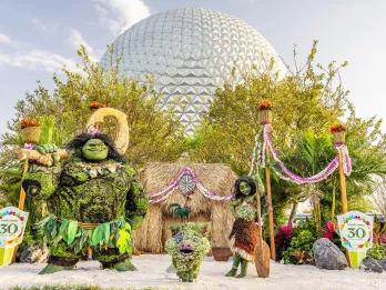 Flower topiaries at the front of EPCOT park - Moana, Maui and a little pig made of flowers.