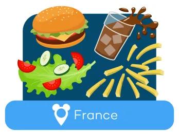 Cartoon burger, soda, salad and fries above a location label for France