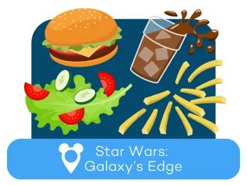 Cartoon burger, soda, salad and fries above a location label for Star Wars: Galaxy's Edge