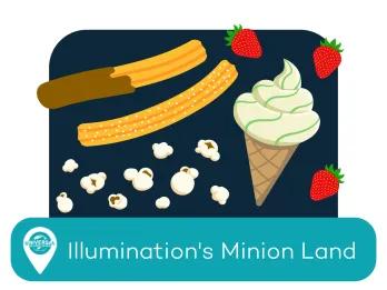 Churros, ice cream, popcorn and strawberries and the location tag is Snacks in Illumination's Minion Land.