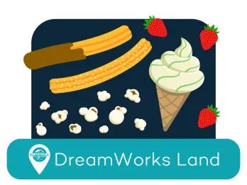 Cartoon churros, popcorn, ice cream and three strawberries. The location tag says DreamWorks Land.