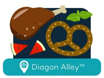 A trukey leg, pretzel, two watermelon slices and a leaf with the location tag of  Diagon Alley™.