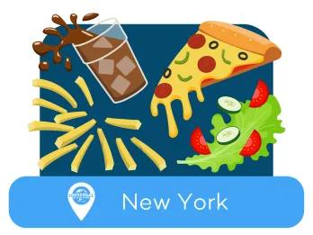 Glass of fizzy drink, chips, pizza slice and salad. The location tag says New York.