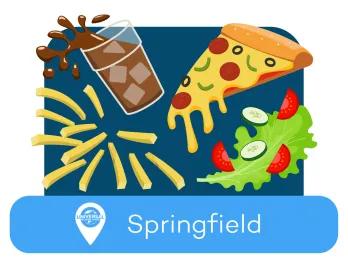 Soda, chips, pizza and salad cartoon images and then the location tag says Springfield.