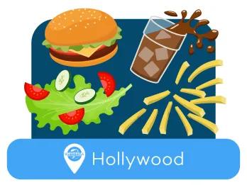 Burger, salad, fizzy drink and chips. The location tag is Hollywood.