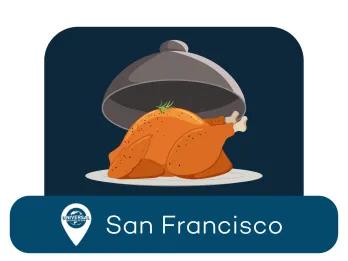 Cartoon chicken platter with location label saying San Francisco and the Universal logo.