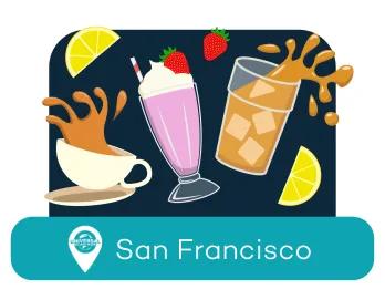 Cartoon coffee, milkshake and iced soda with lemons and the location of San Francisco.