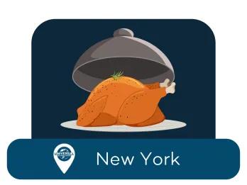 Cartoon chicken on silver platter with location under saying New York.