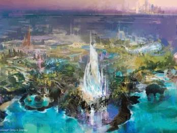 Disney park in Abu Dhabi Concept art of Disney park coming to Yas Island including lots of trees, lakes and large structures that aren't very clear.