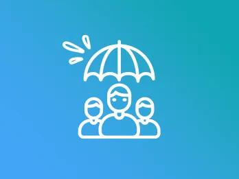 Cartoon logo of three people sat under an umbrella with raindrops bouncing off of it.