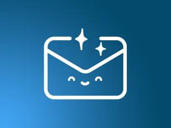 Email icon with a smiley face on the envelope, cartoon with sparkles on it.