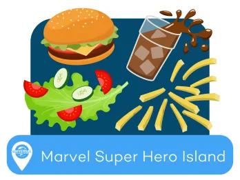 Burger, salad, coke and fried with location tag of Marvel Super Hero Island