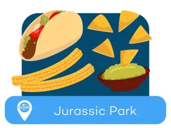 Taco, churros and nachos dipping in guacamole with location of Jurassic Park