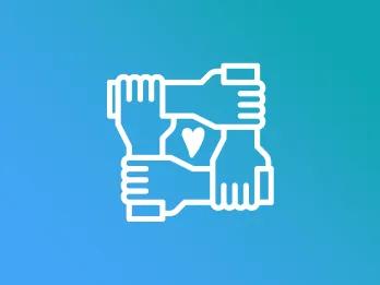 Four hands in a circle holding onto the others arm. In the middle there's a love heart.