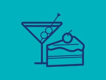 Extra Plus Meal Plan An illustration of a piece of cake and cocktail on a blue background