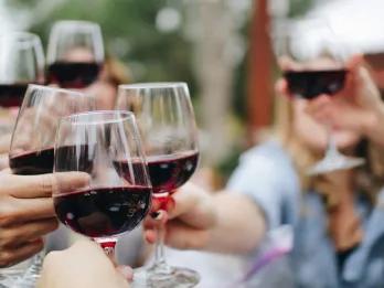 Drinking alcohol 6 people lifting up large glasses of red wine to cheers in an outdoors pub.
