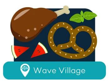 Turkey leg, pretzel and watermelon slices. The location is Wave Village.